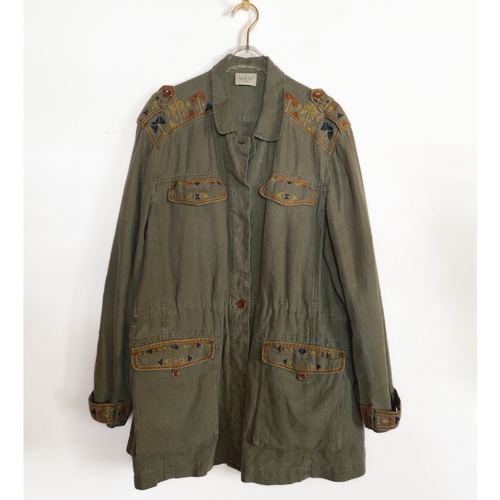 WRAP LONDON 100% Linen Olive Green embroidered Jacket Womens size 12